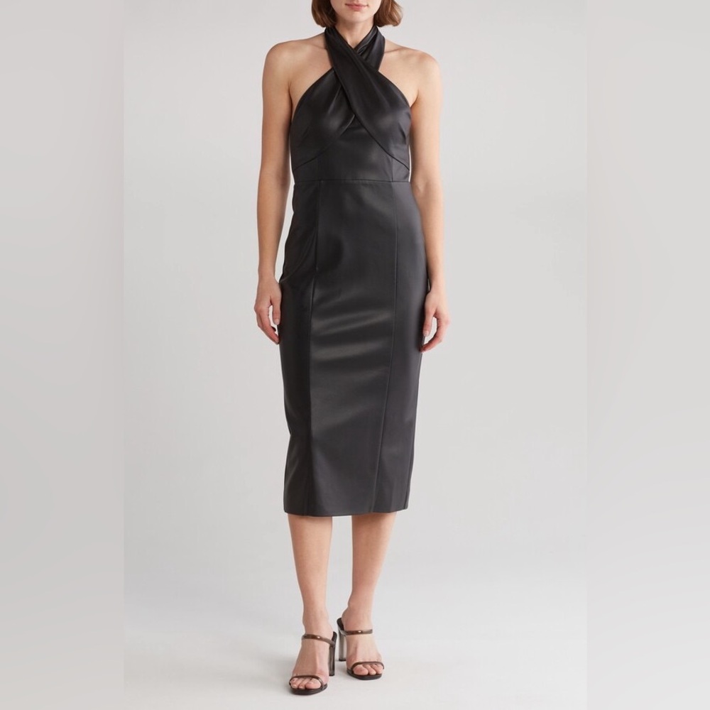 MILLY Women’s Raven Black Vegan Faux Leather Halter Neck Sz 6 Midi Dress BNWT - Picture 13 of 15